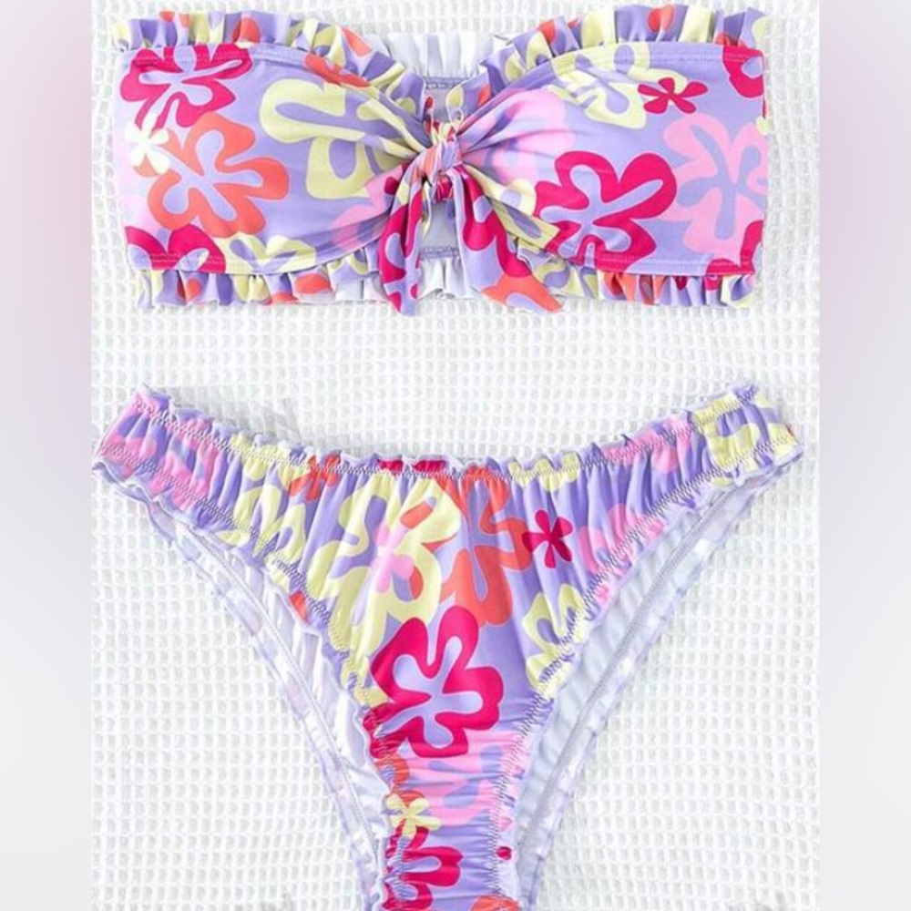 Purple Strapless Bandeau Bikini Frilly